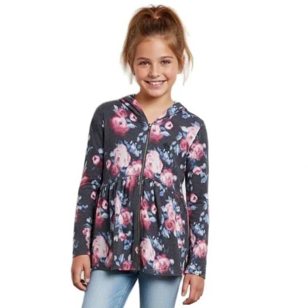 Abercrombie Kids Floral Rose gray Peplum Zip Up Hoodie Cardigan Size 13/14‎ NWOT